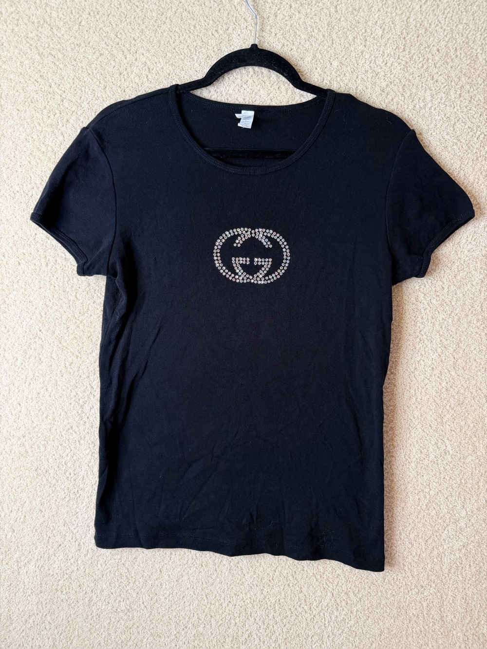 Bella Black Rhinestone Logo Graphic Baby Tee Y2K Short Sleeve Size L